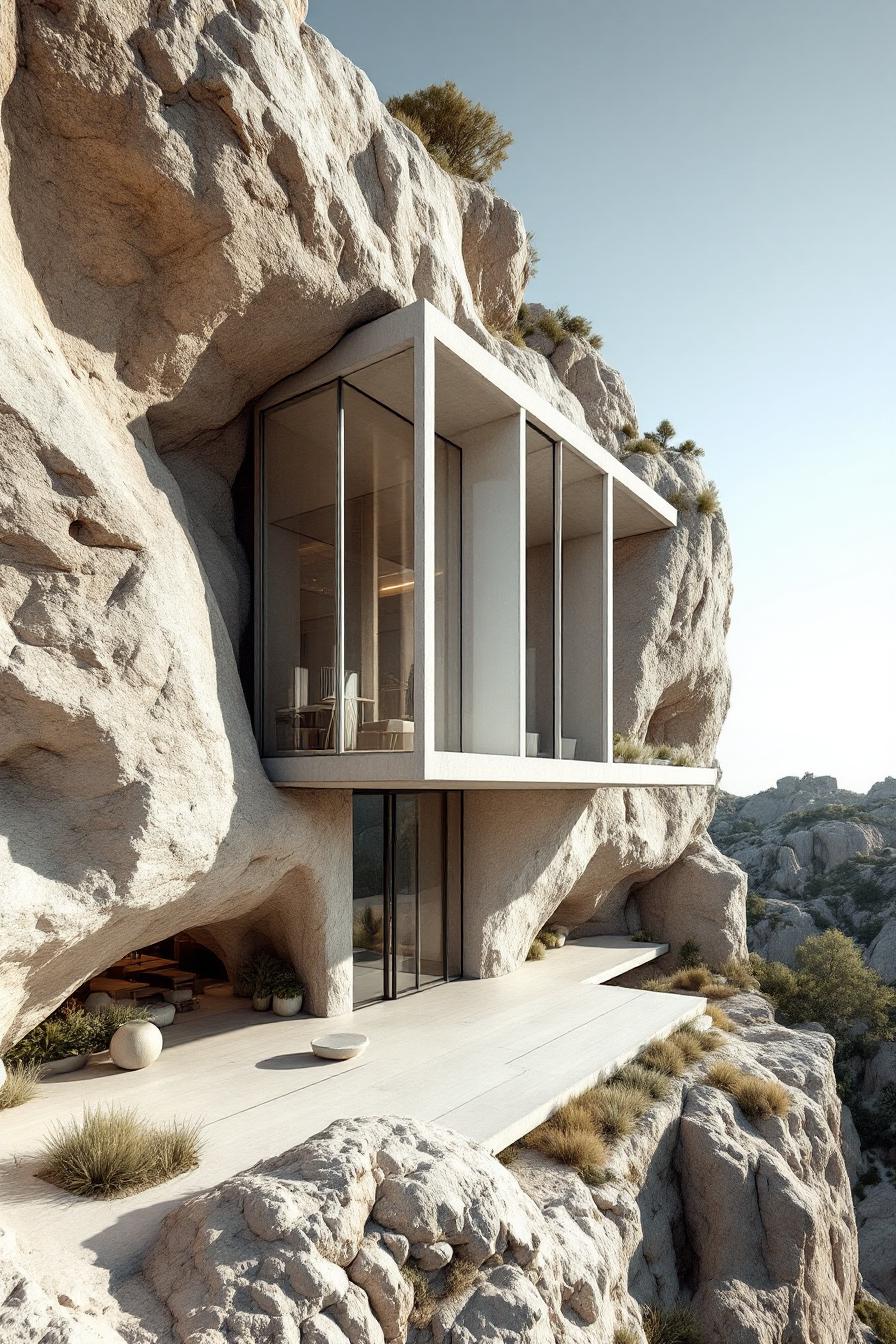 Modern house embedded in rocky cliffside