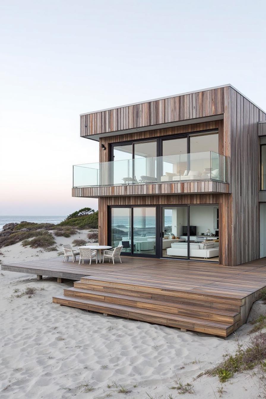 Stylish beach house with wooden exterior and ocean views