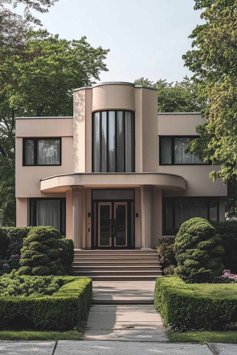 Modern Art Deco house with circular turret and large windows, surrounded by lush greenery