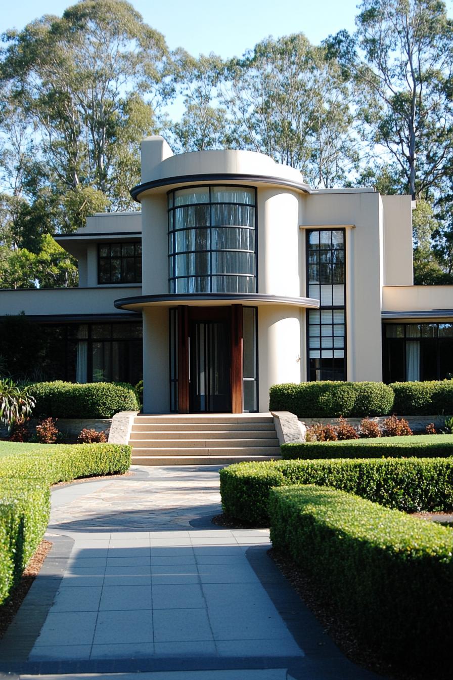 Elegant Art Deco house with rounded facade and lush greenery