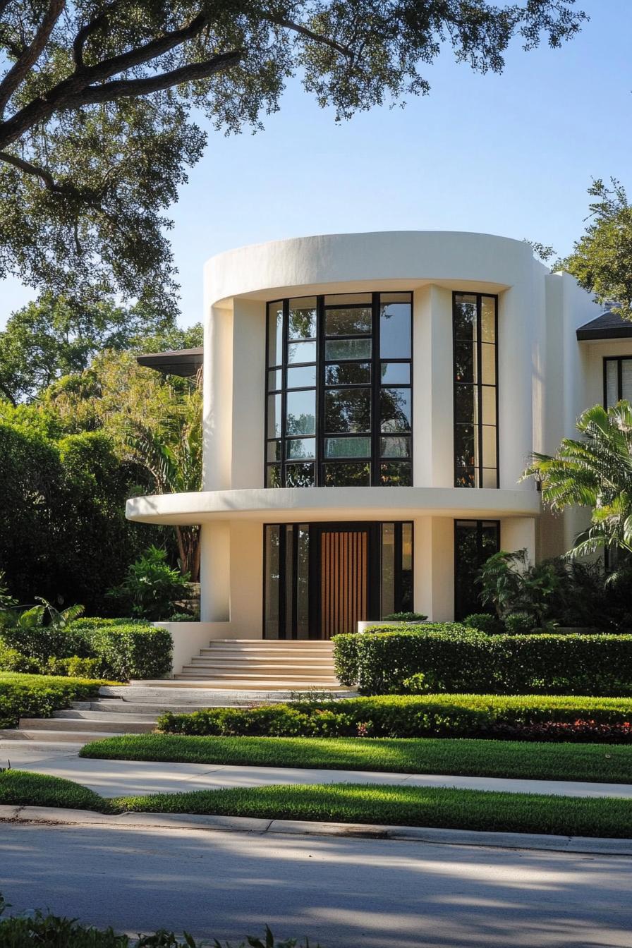 Curved facade of an Art Deco house with lush greenery