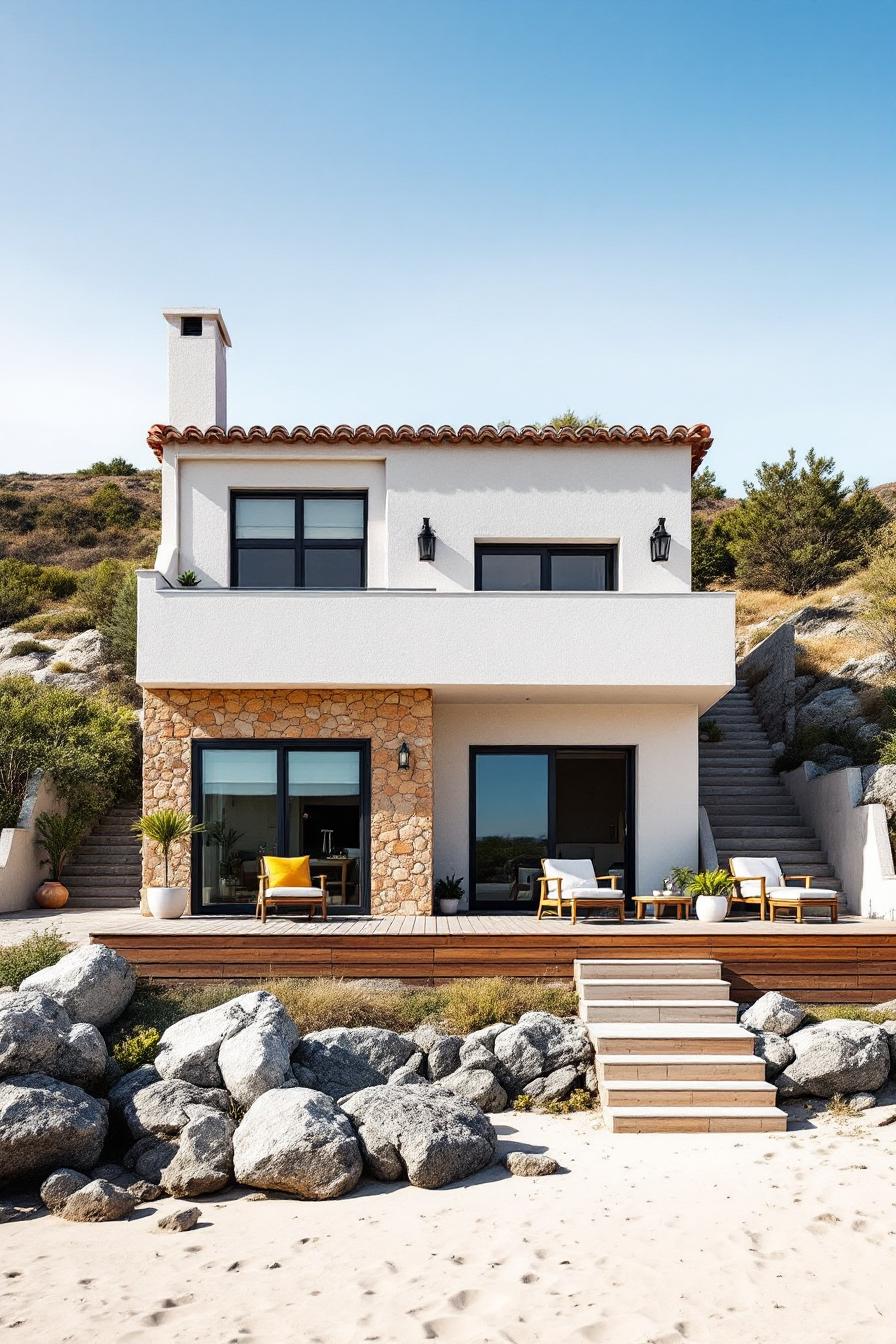 Beach house with stone facade and modern deck