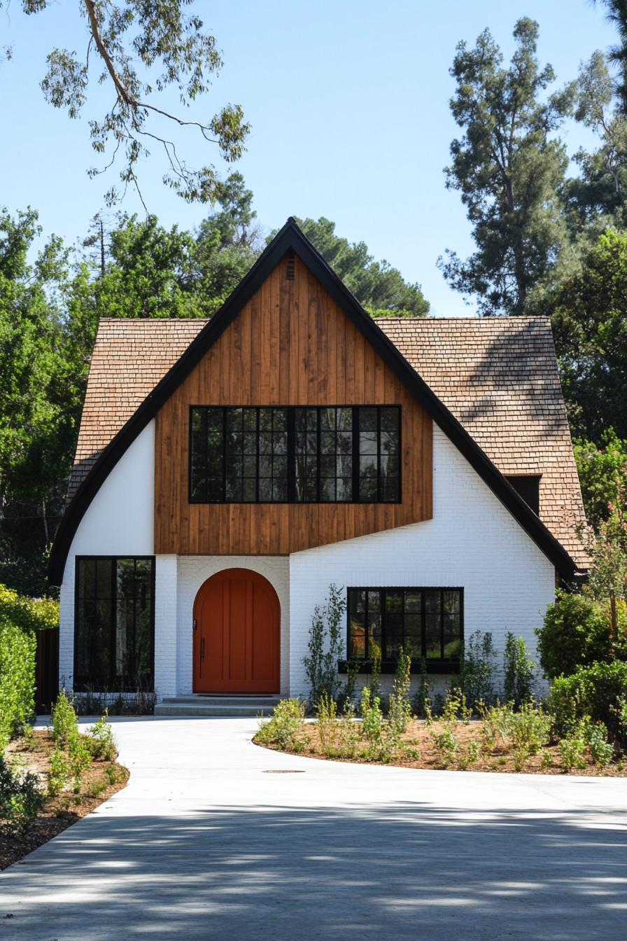 Contemporary Tudor cottage with steep roof and bright red door