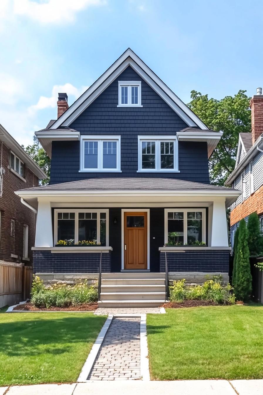 Charming coastal house with dark siding, front porch, and manicured lawn