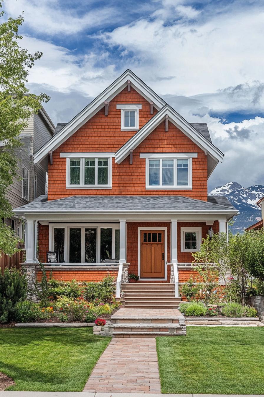 Red coastal house with lush garden and mountain backdrop