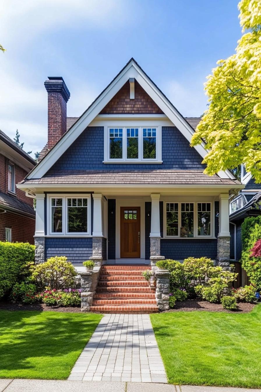 Blue house with a steep gable roof and brick steps in a lush garden