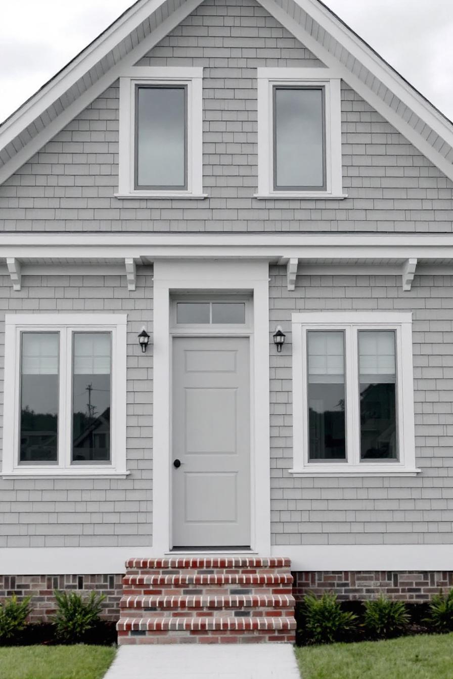 Gray coastal house with white trim