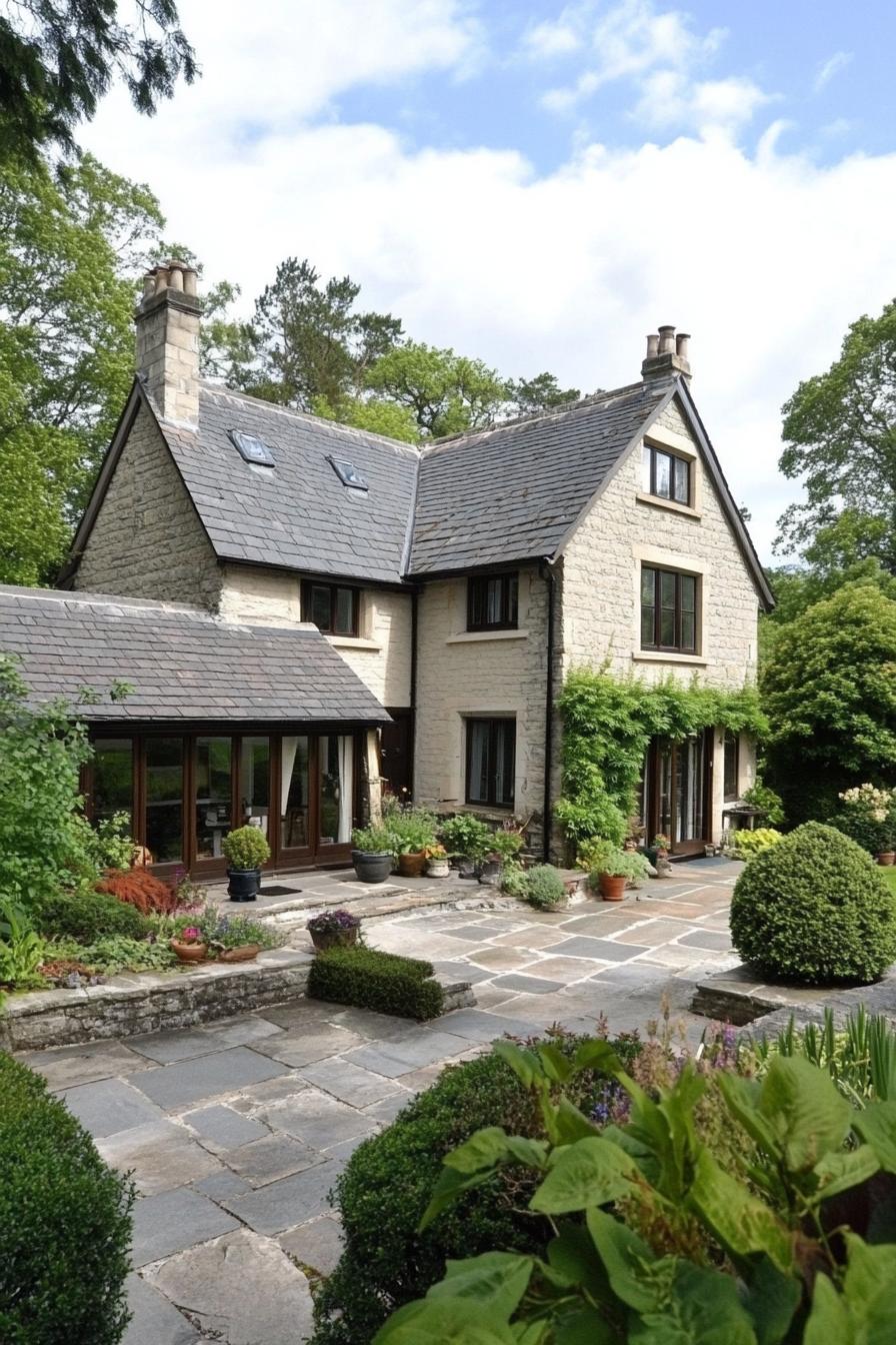 Elegant stone cottage surrounded by lush greenery and a charming patio