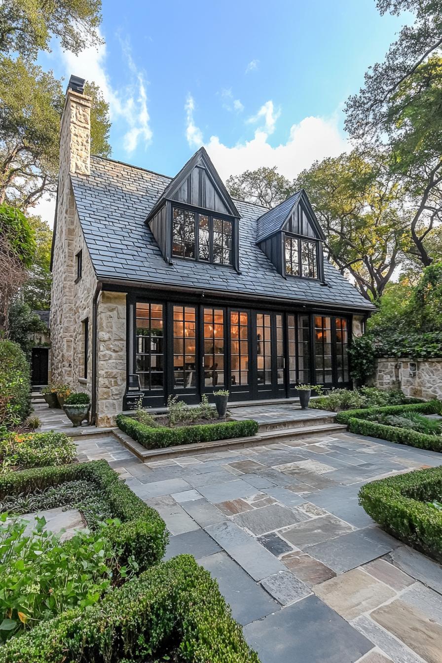 Charming stone cottage with black accents and lush garden