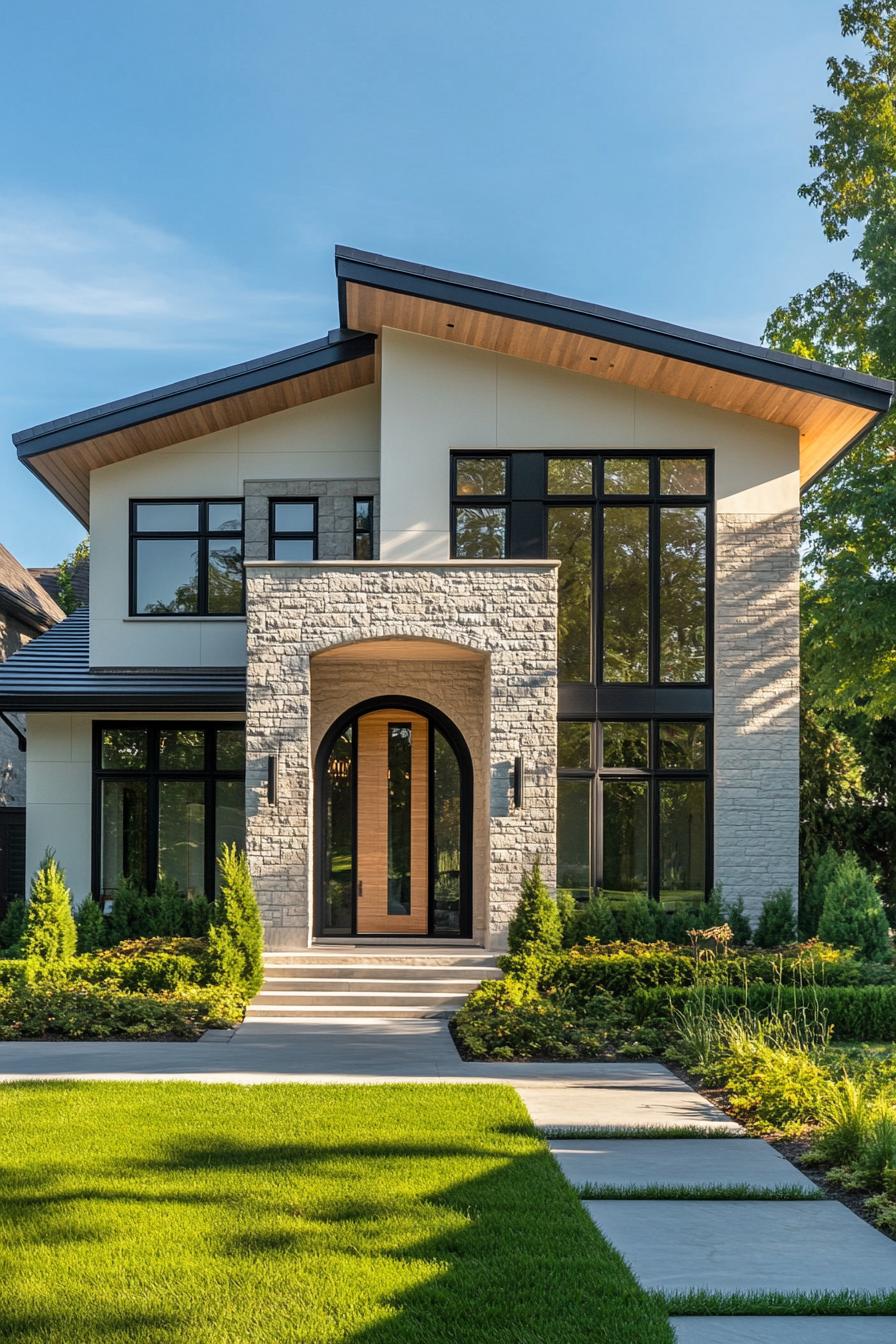 Modern house with angled roof and stone facade