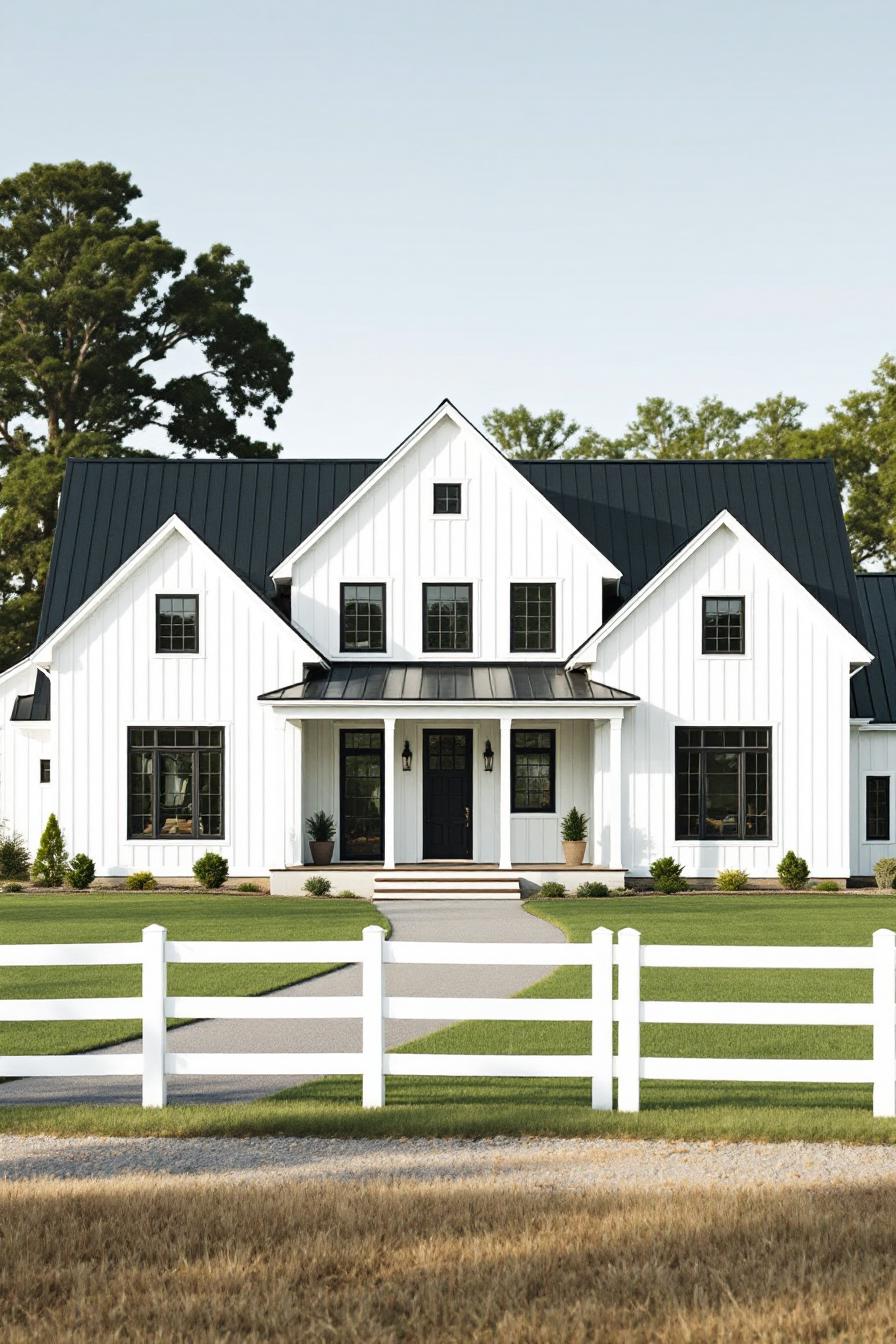 White farmhouse with black roof and front porch