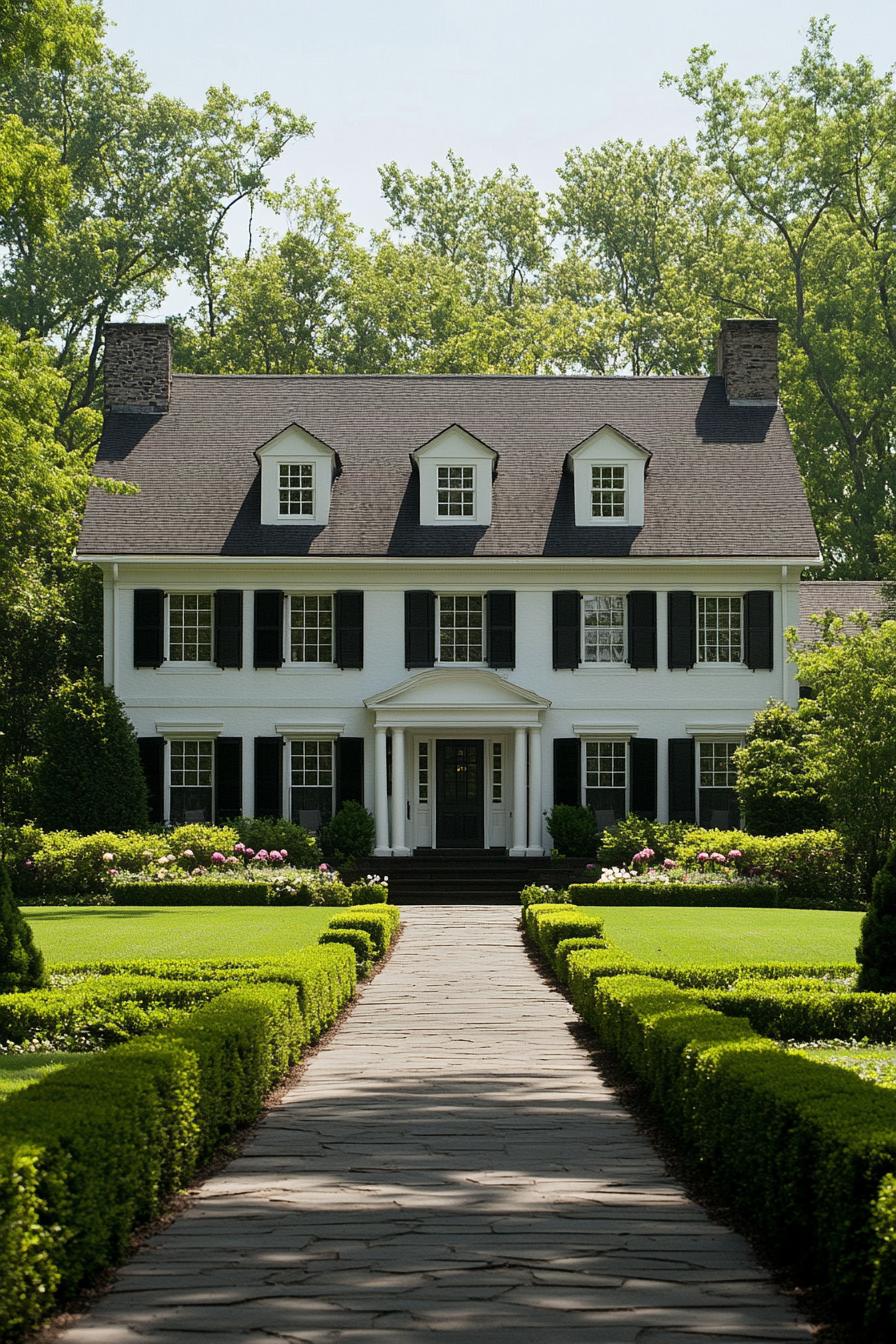 A stately Southern home with black shutters and a manicured lawn