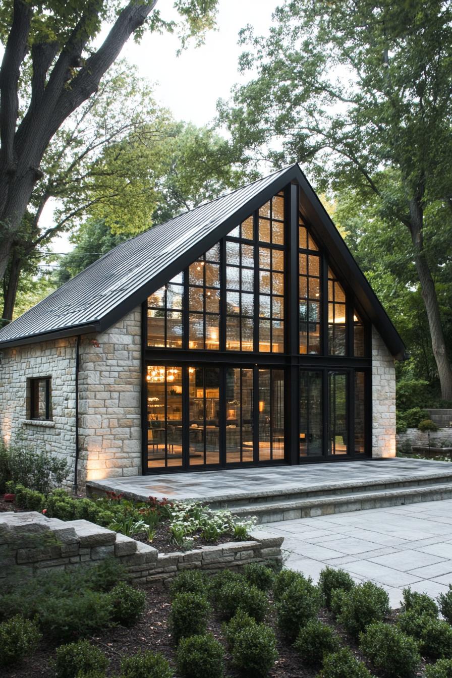 Stone cottage with large glass front and lush surroundings