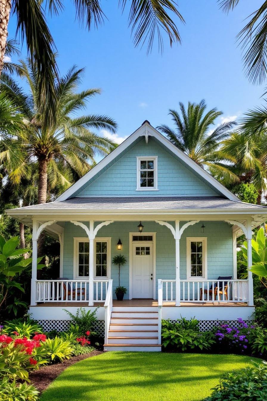 Charming blue cottage surrounded by lush greenery and palm trees