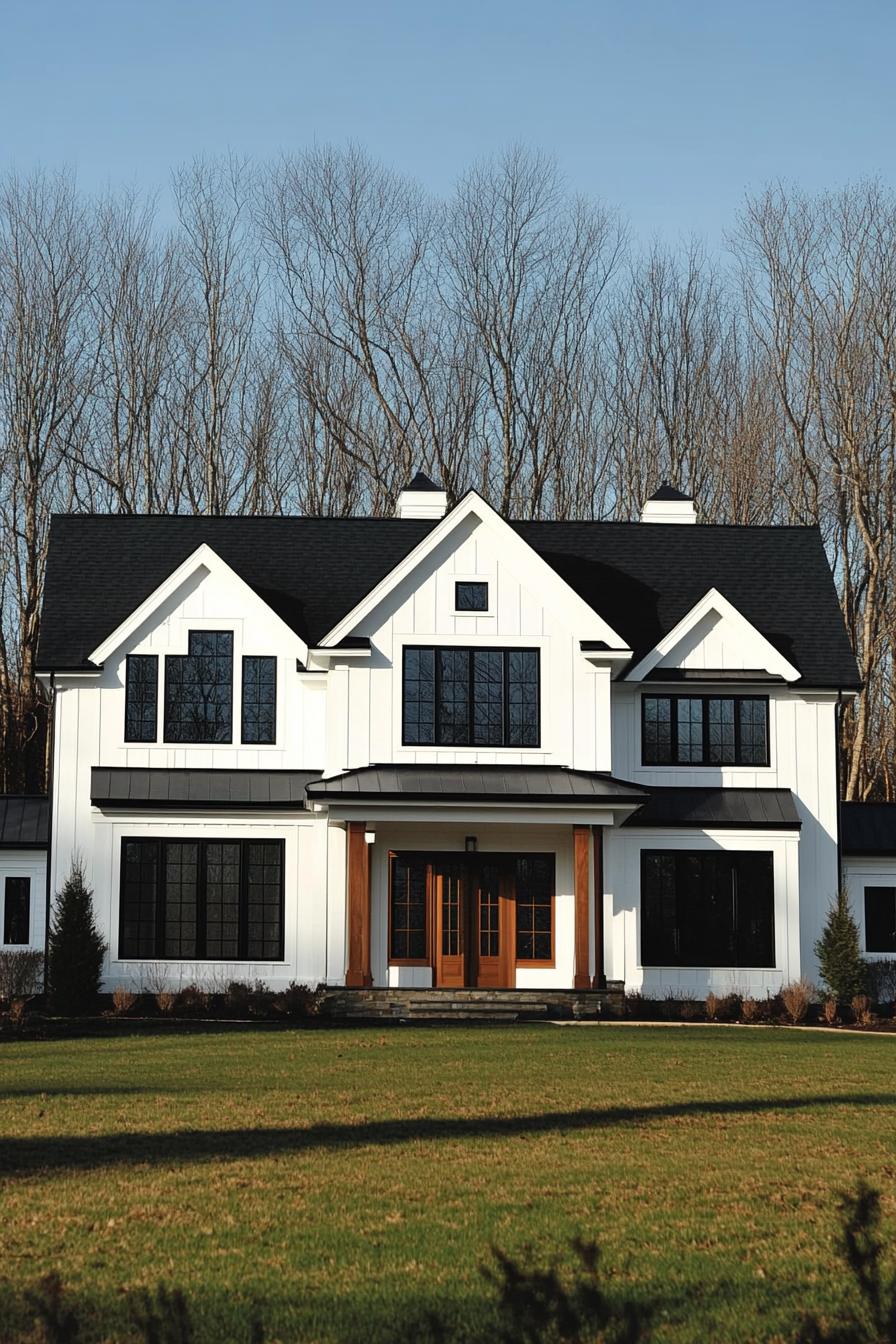 White house with striking black trim and large windows