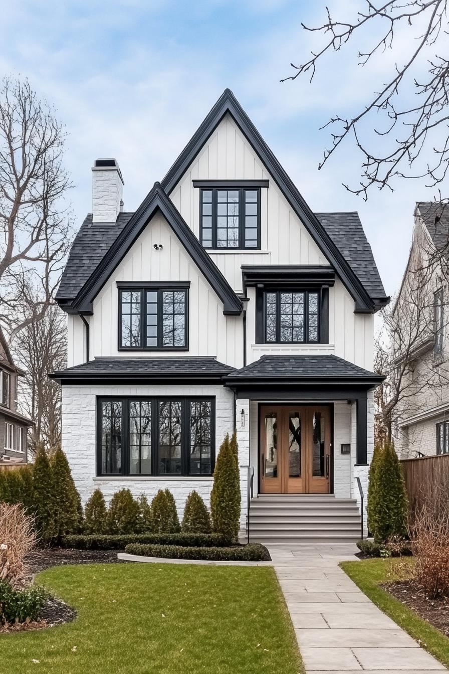 White house with bold black trim and manicured lawn