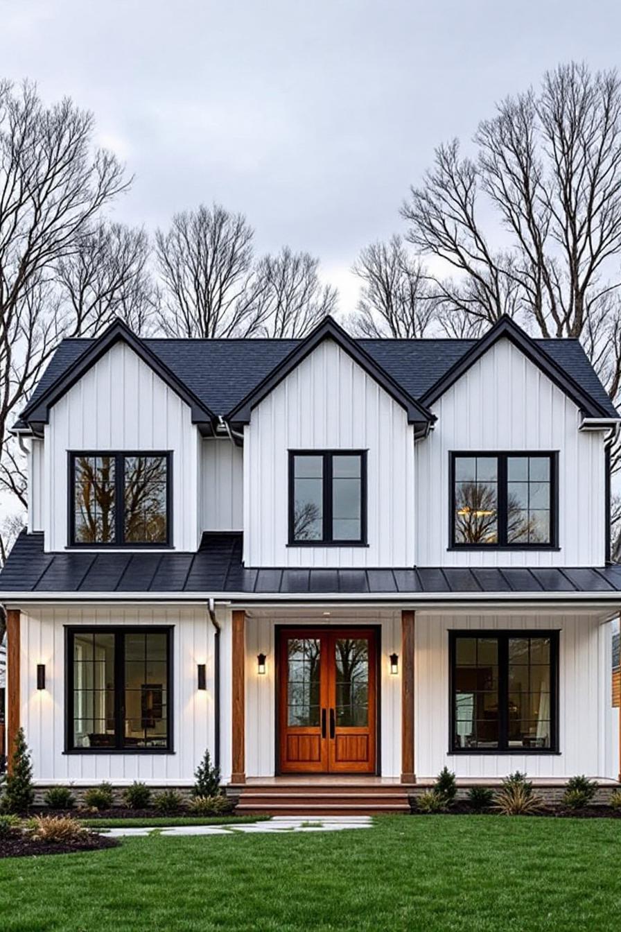 White house with black trim and wooden accents