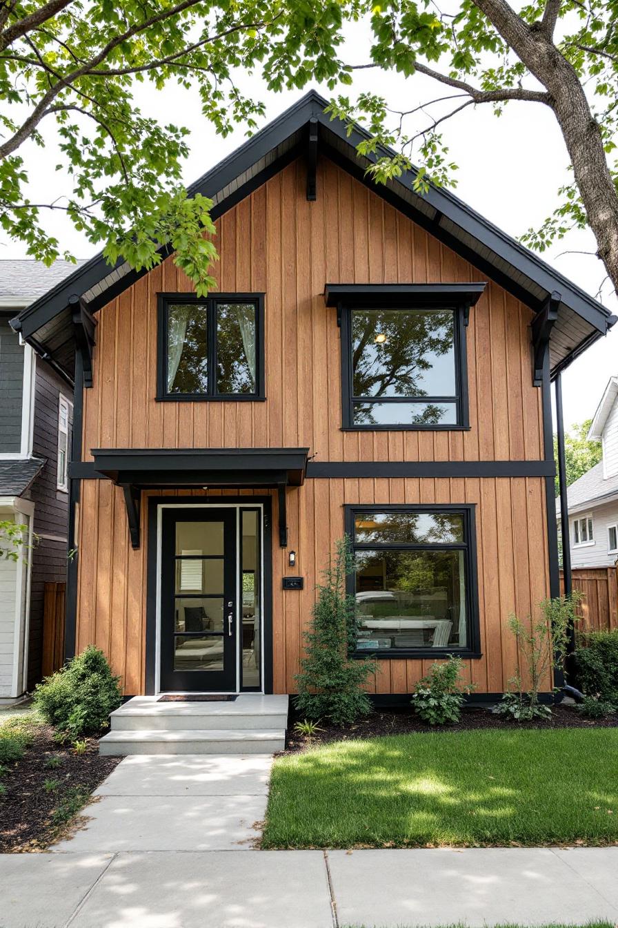 Cozy wooden house with large windows and lush greenery