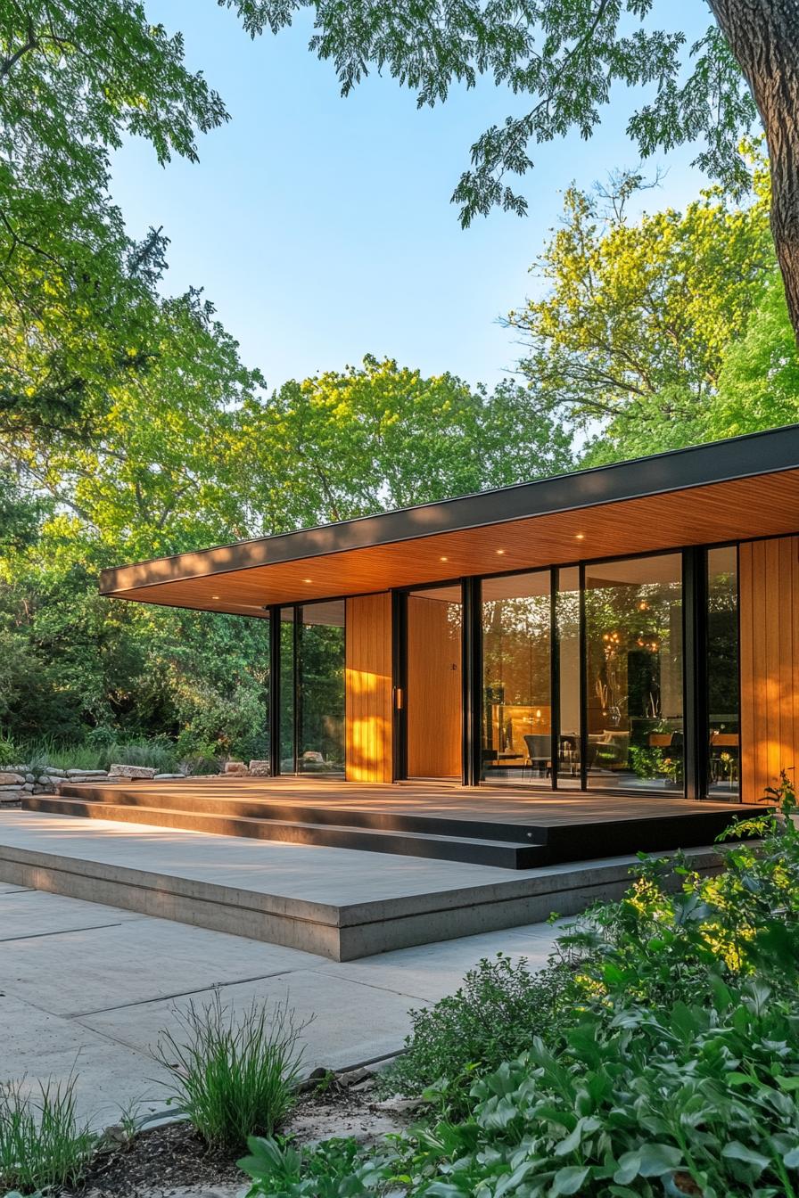 Modern mid-century home with large glass windows in a wooded setting