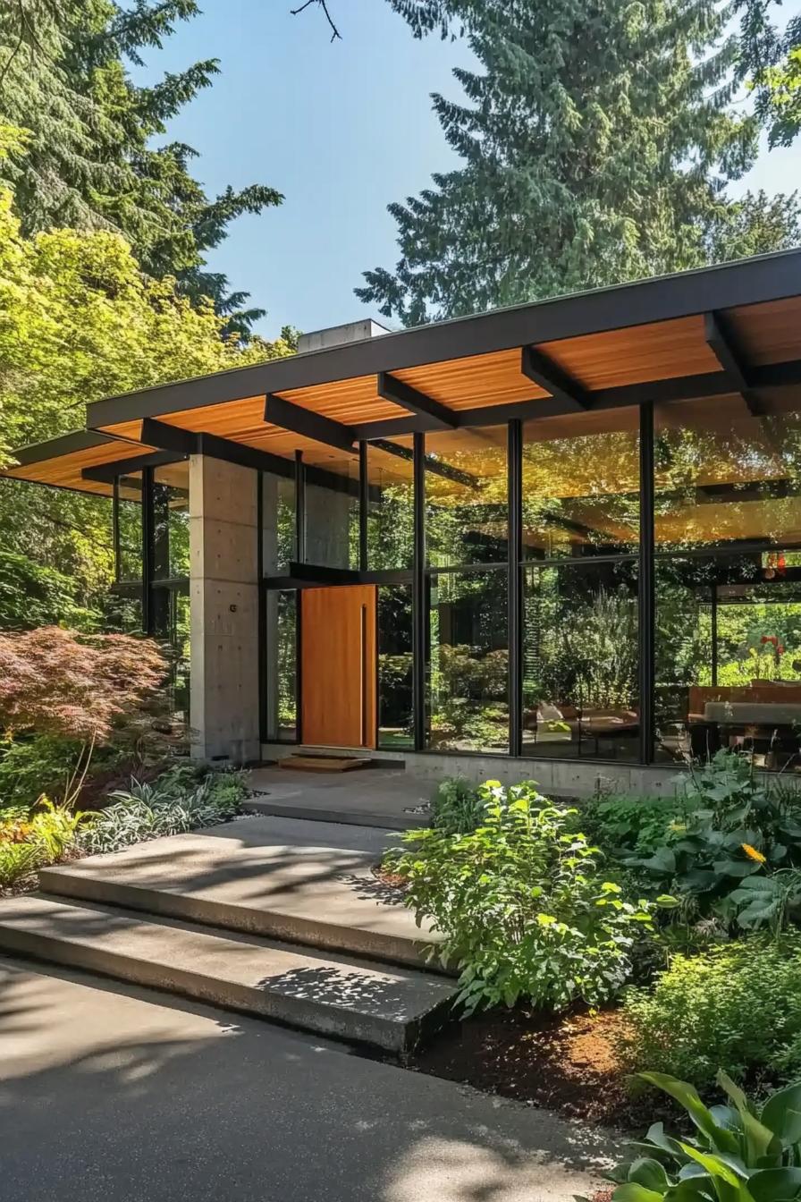 Mid-century house with large windows and lush greenery