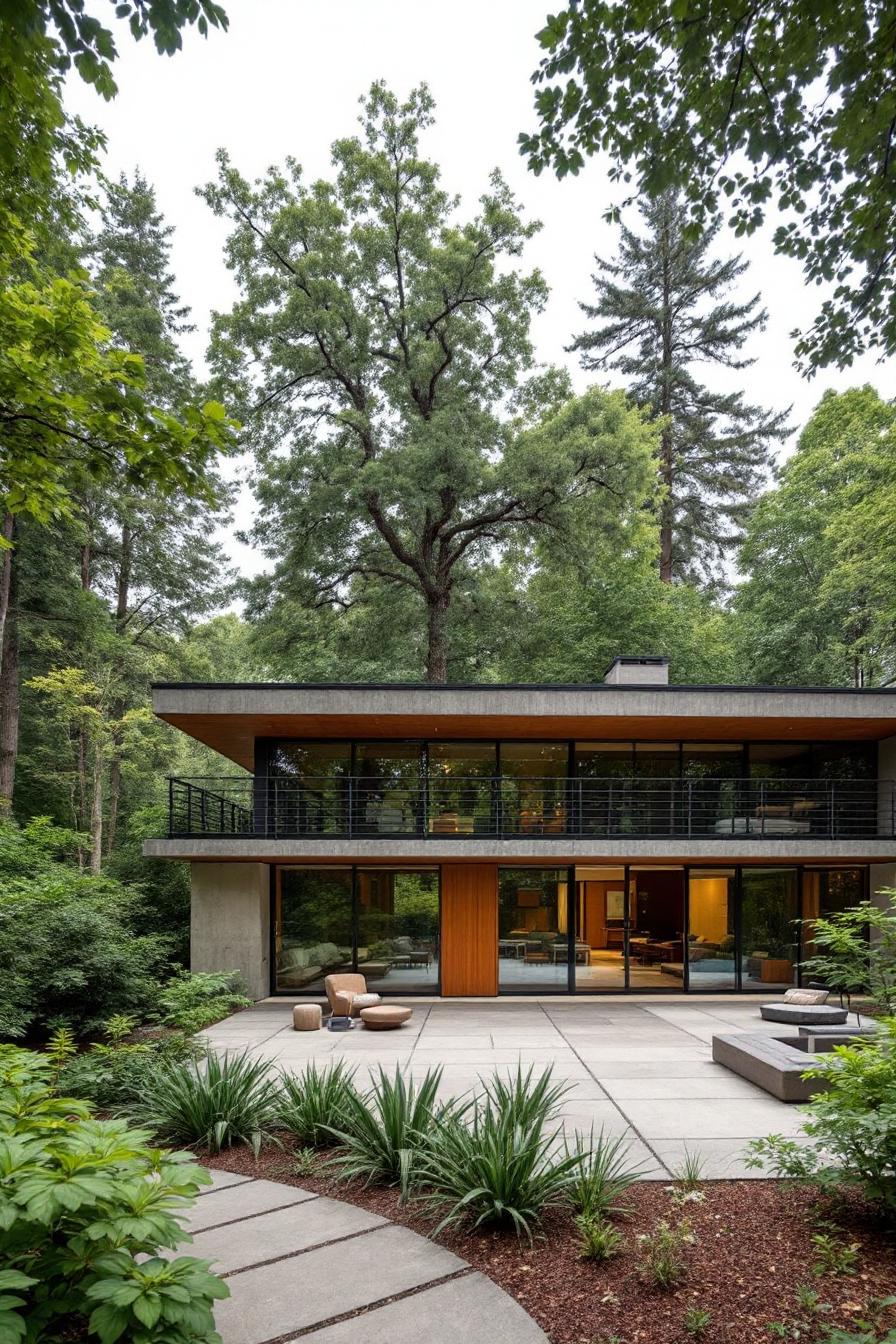 Modern house with large windows surrounded by lush trees