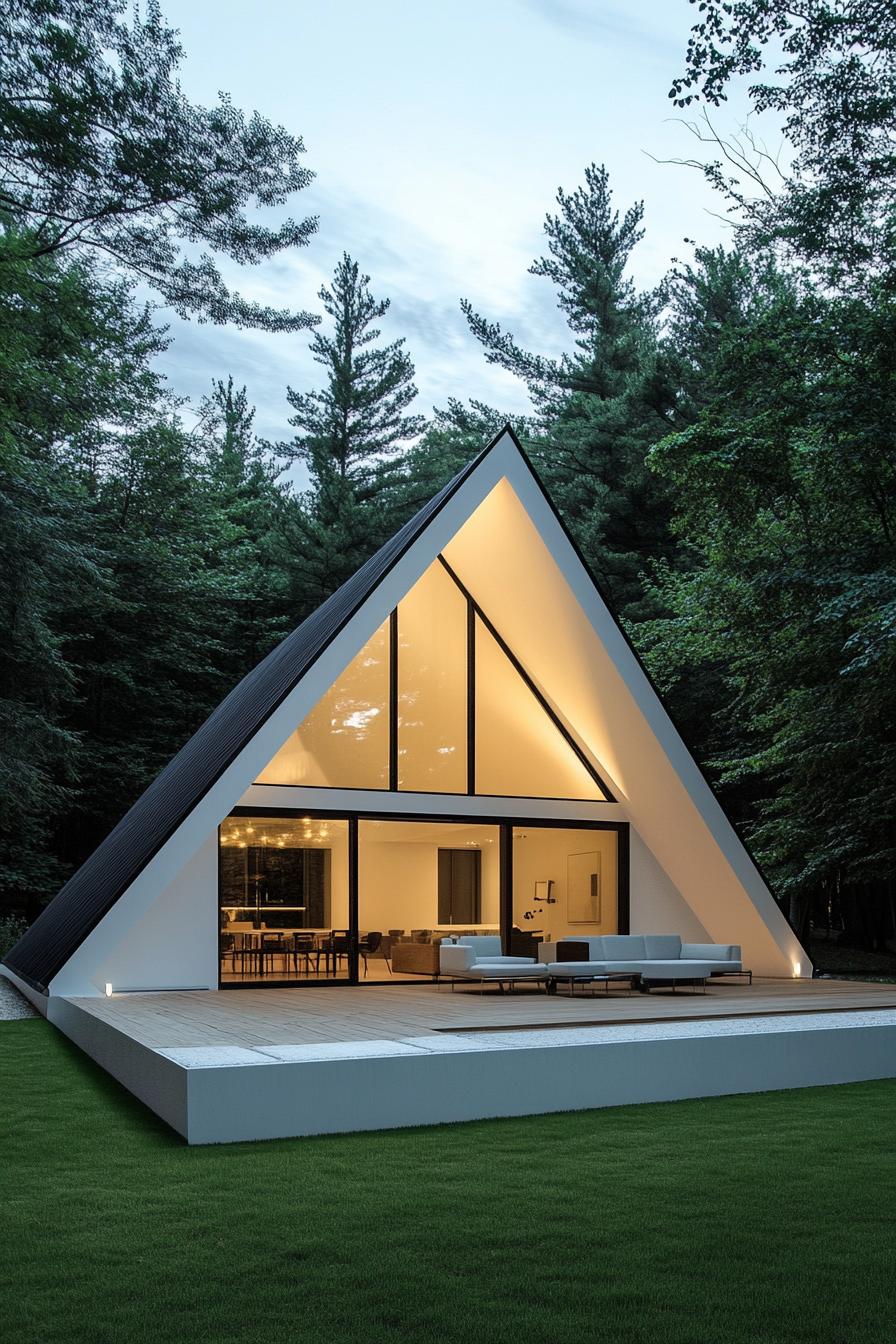 A-frame house nestled in a forest with large windows