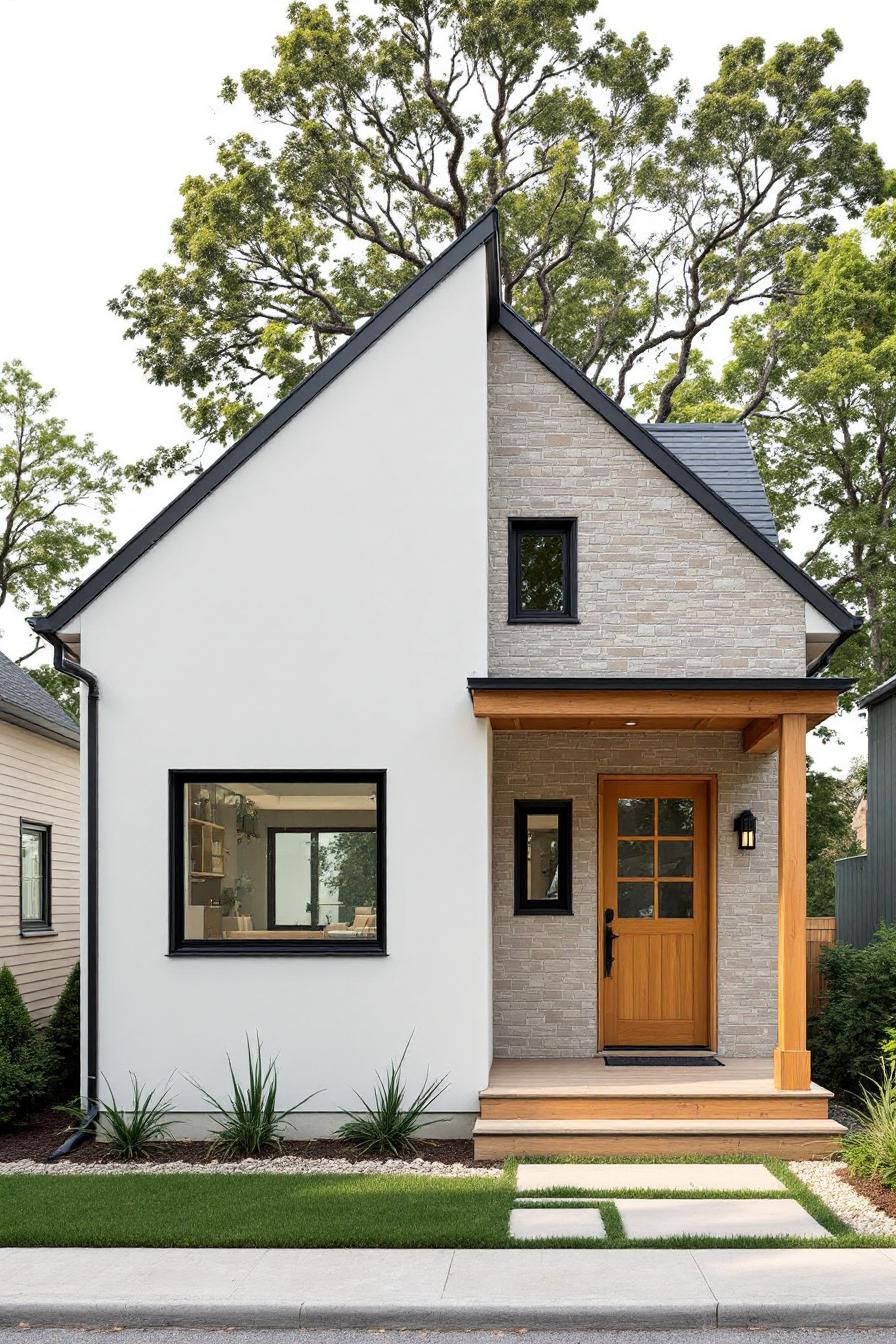 Minimalist house with a triangular roof and wooden accents