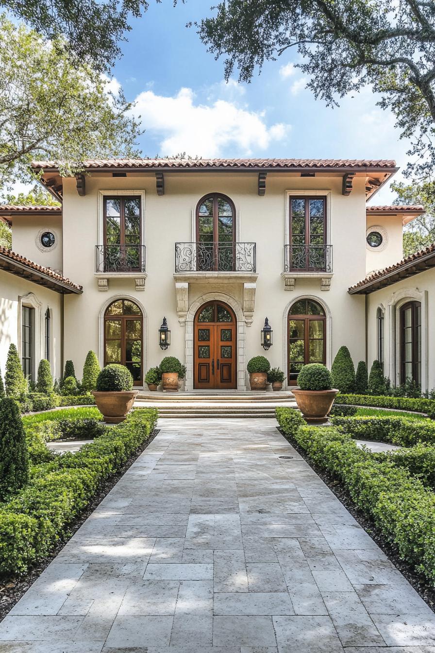 Elegant Italian villa entrance with lush greenery