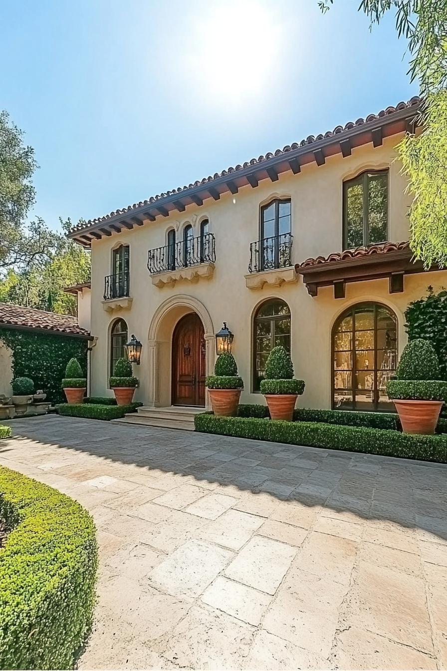 Elegant villa with terracotta roof and large potted plants