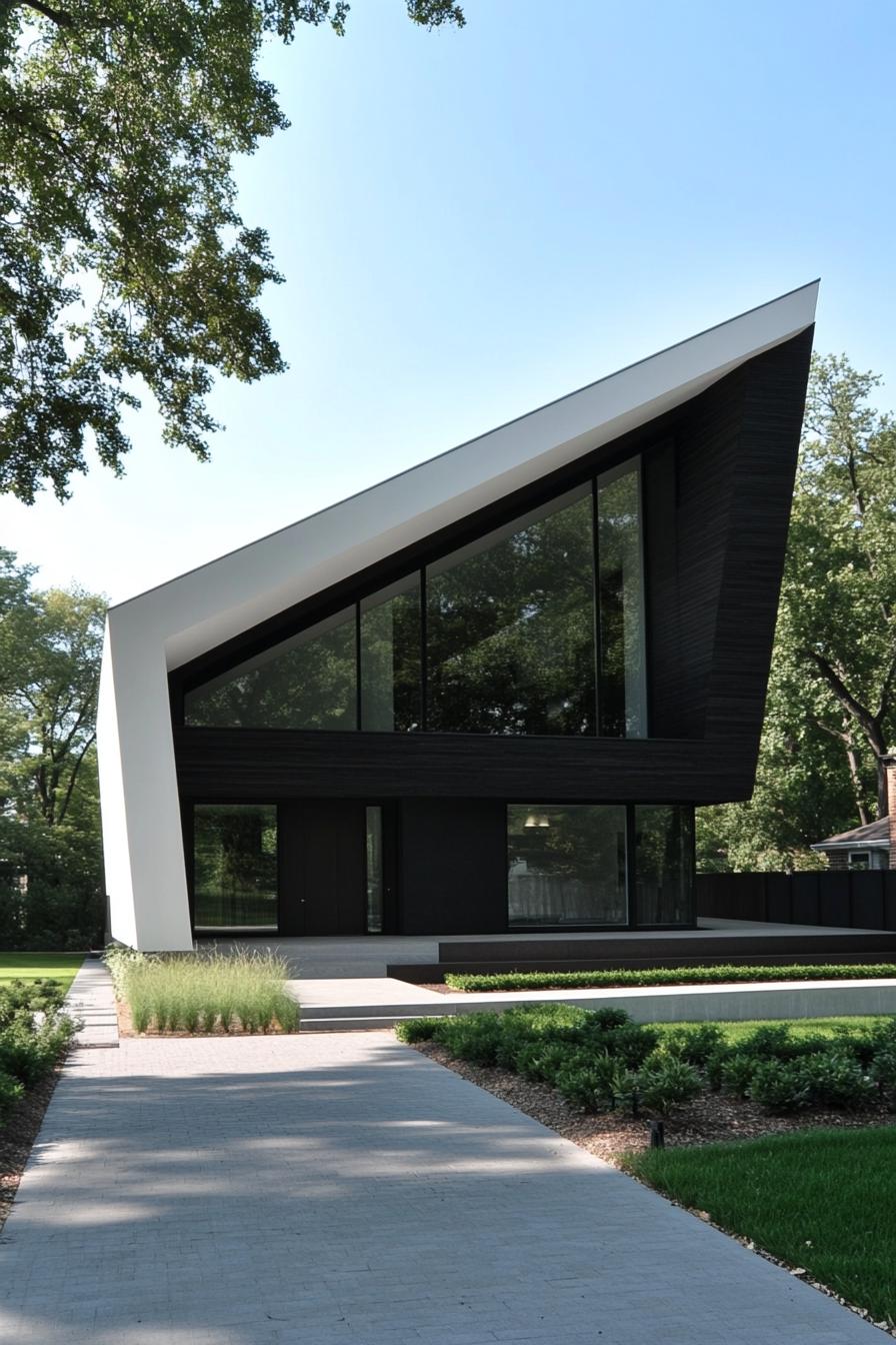 Boldly slanted house with large windows, set among greenery