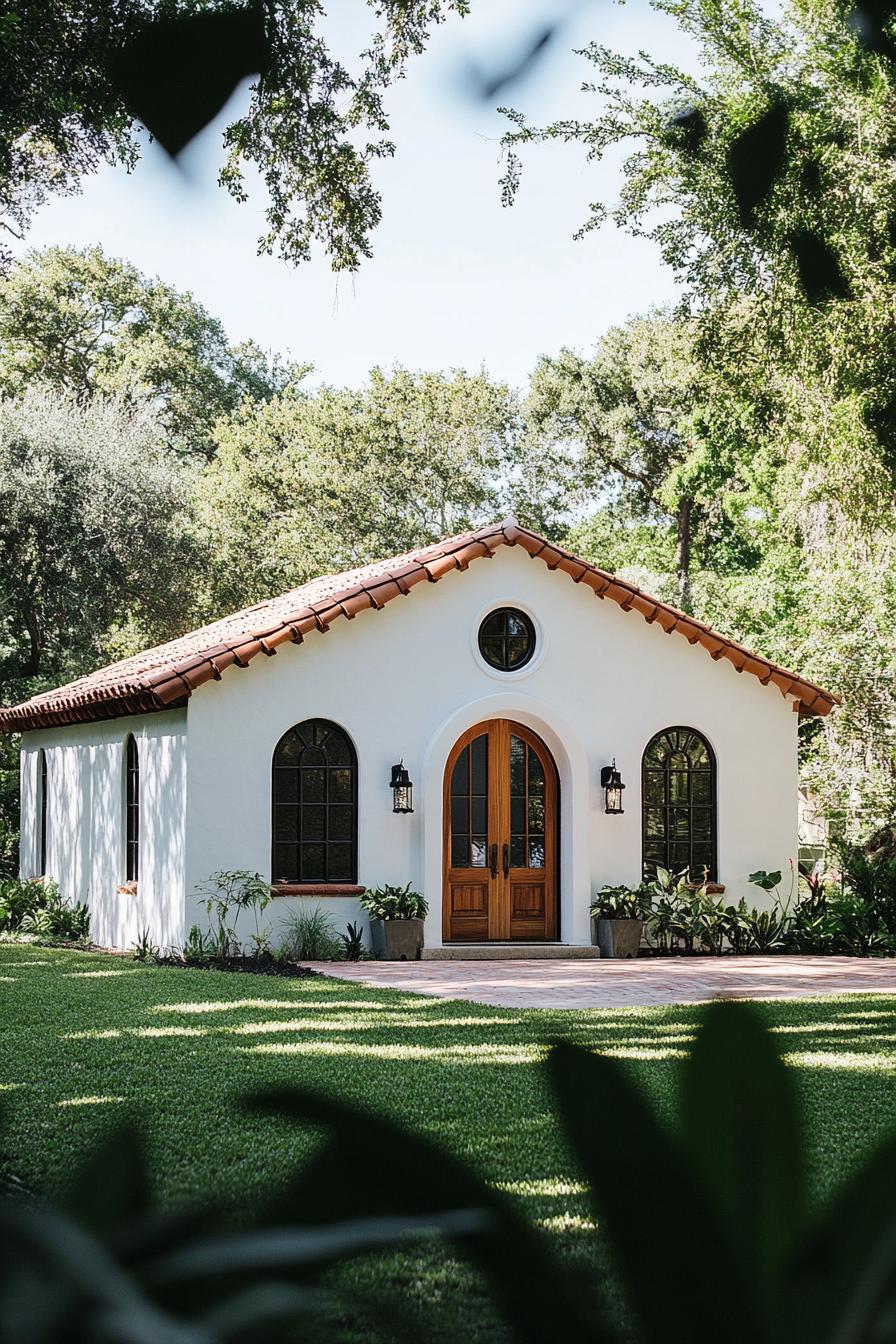 Quaint cottage with arched windows and a tiled roof