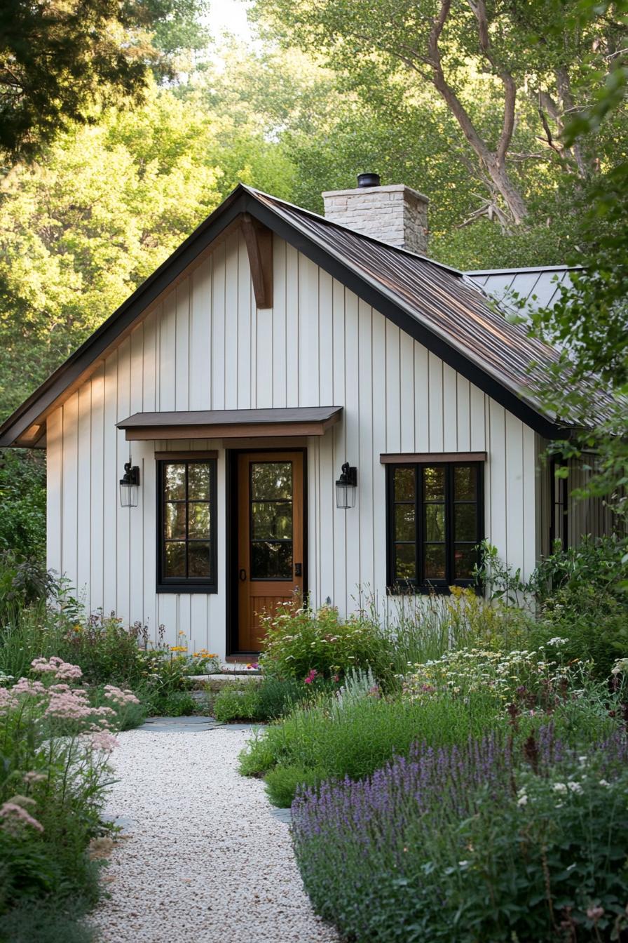 Small white cottage with lush garden