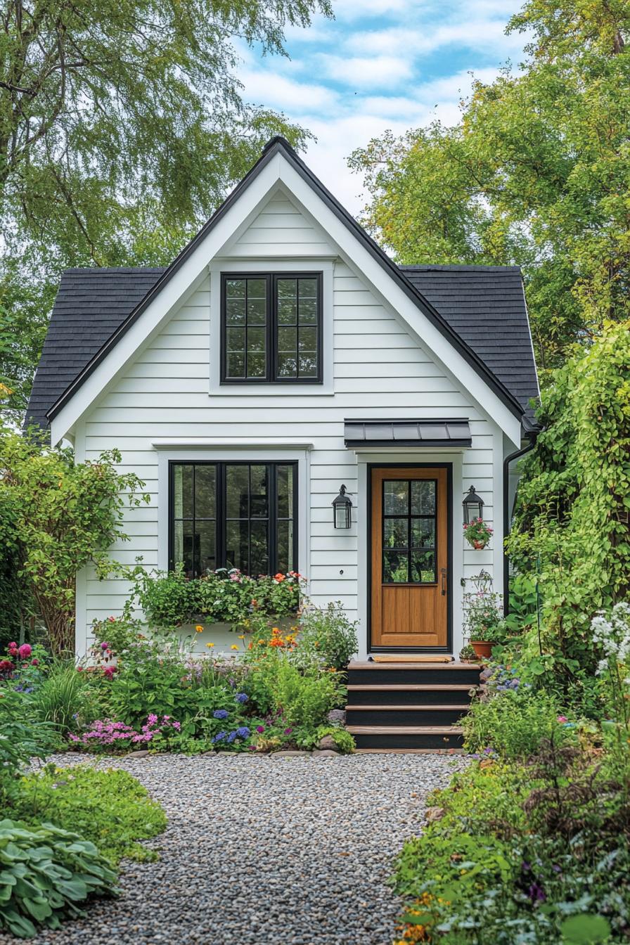 White cottage with wooden door and colorful garden