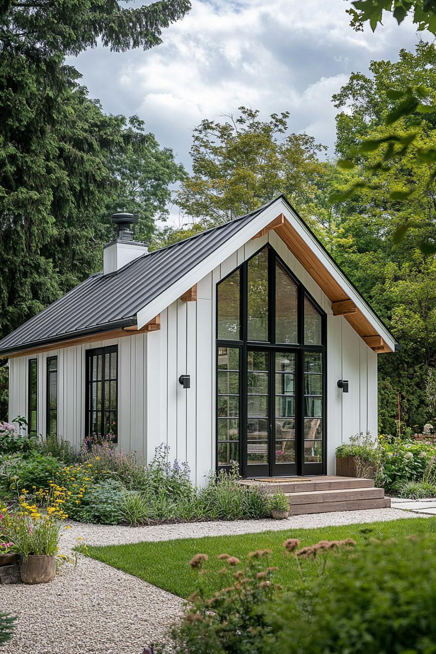 Charming tiny cottage with large glass windows amidst lush greenery