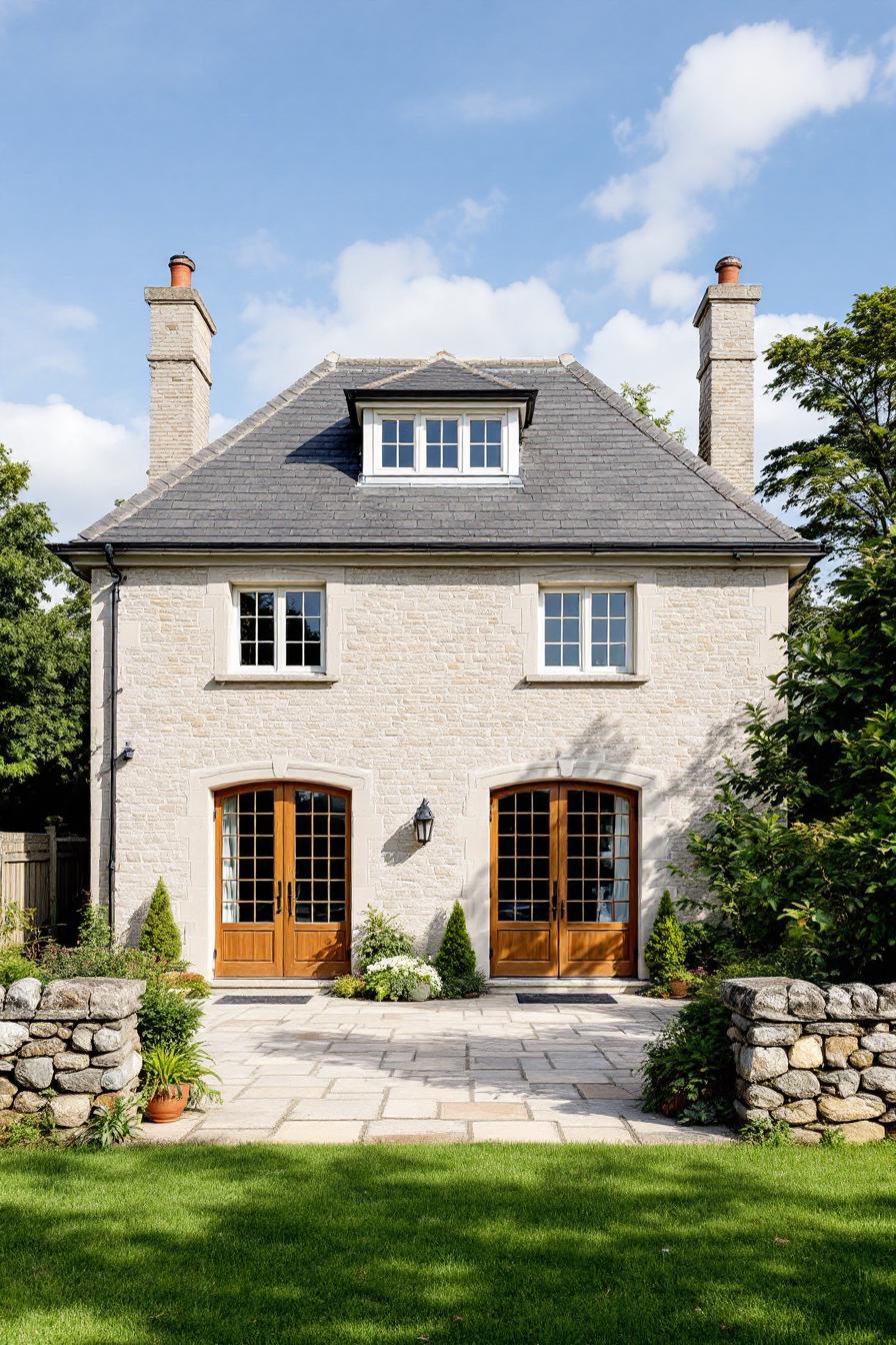 Stone cottage with wooden doors and a lush garden