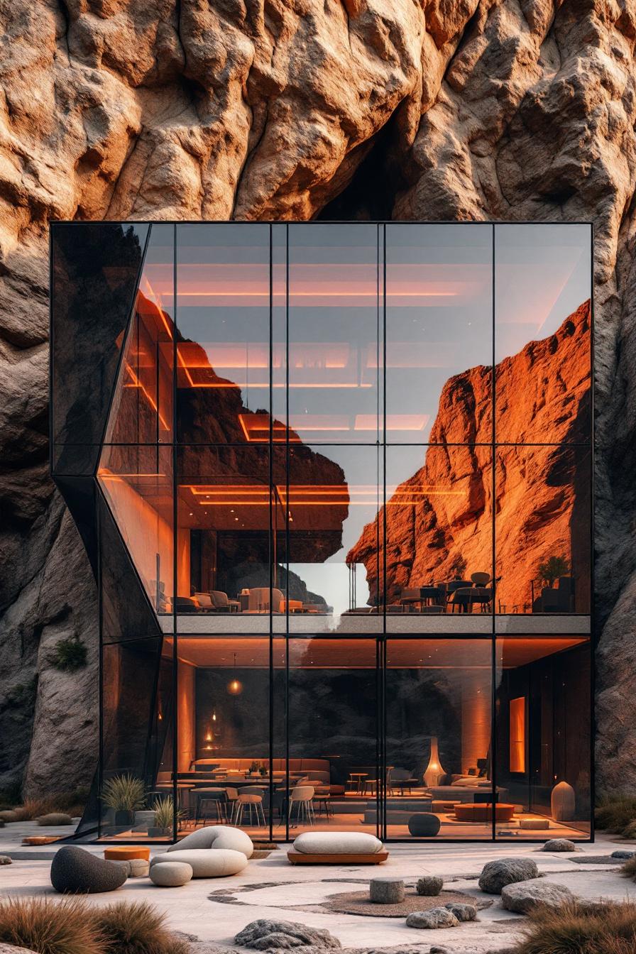 Modern glass home integrated into rocky terrain