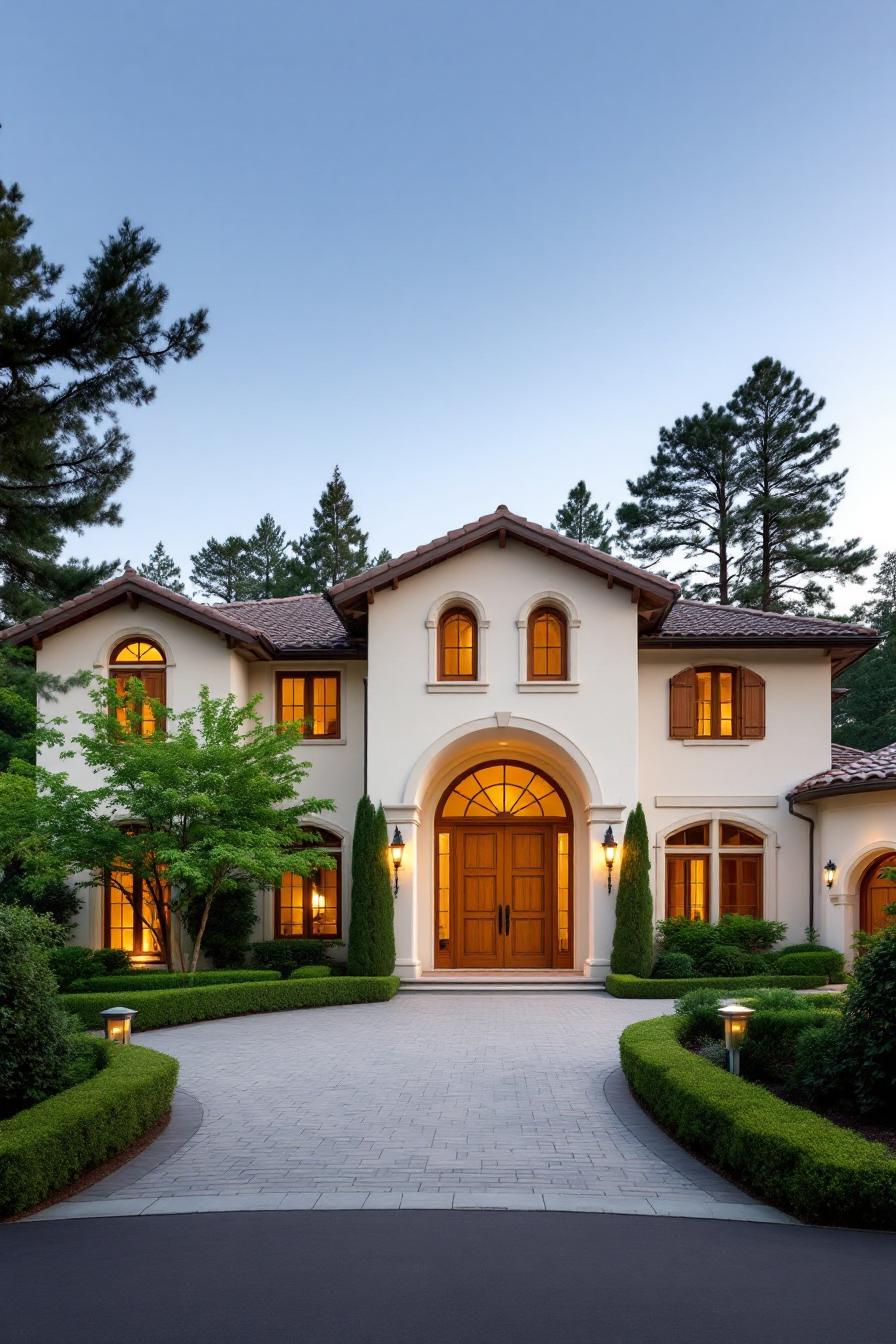 Italian villa with arched windows and lush gardens