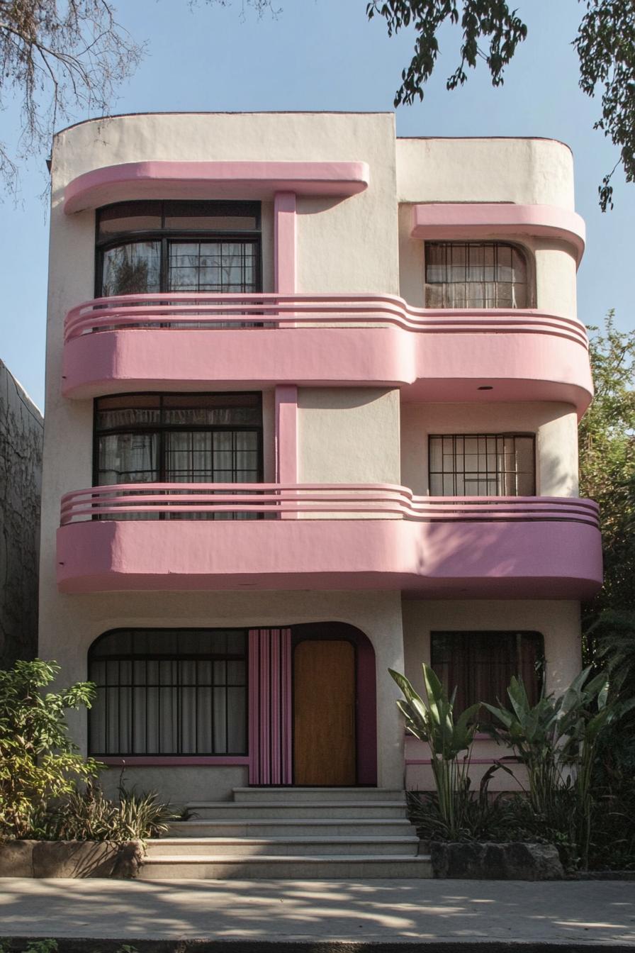 Pink and White Art Deco House with Rounded Balconies