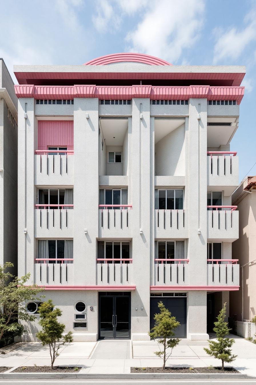 Pink and Gray Art Deco Building with Columns