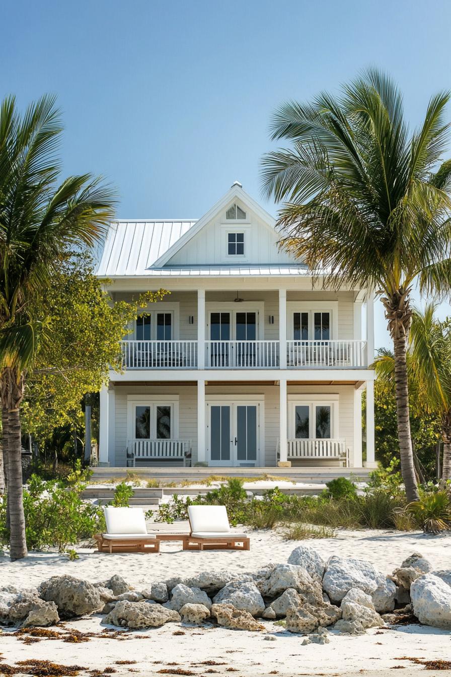 Charming white beachfront house with palm trees and lounge chairs