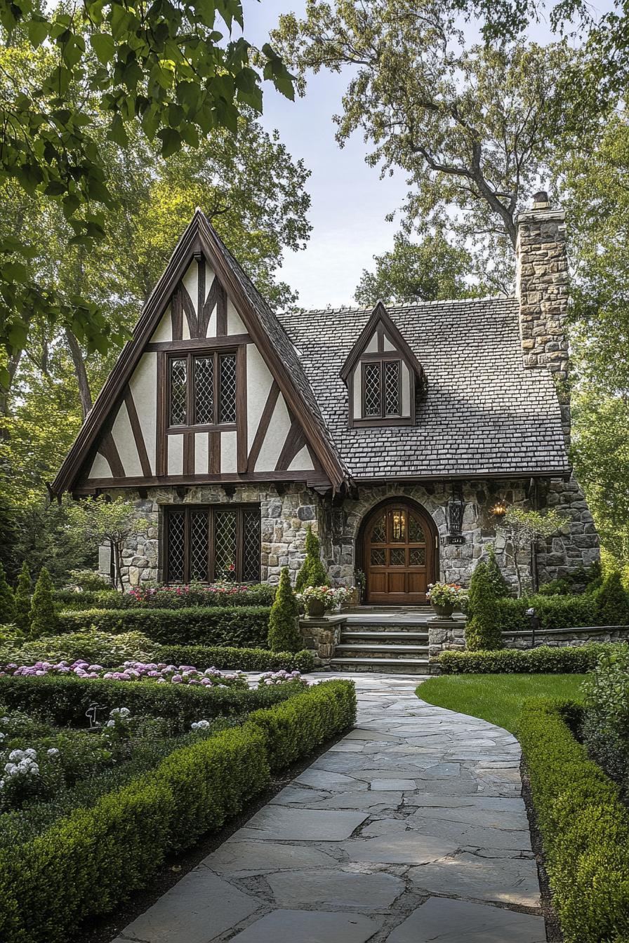 Charming Tudor-style cottage with lush garden path