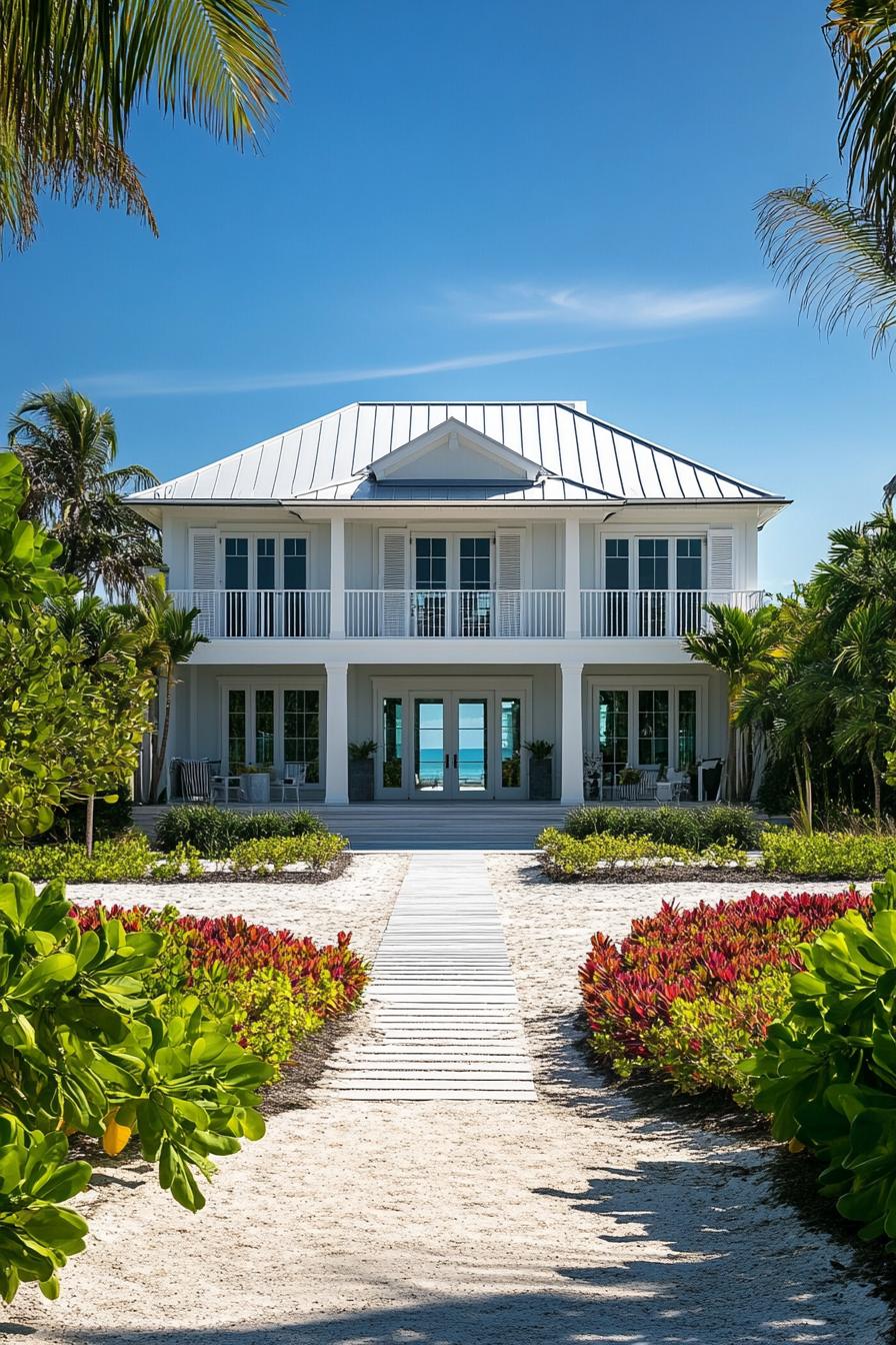 Elegant coastal house with white facade surrounded by lush greenery