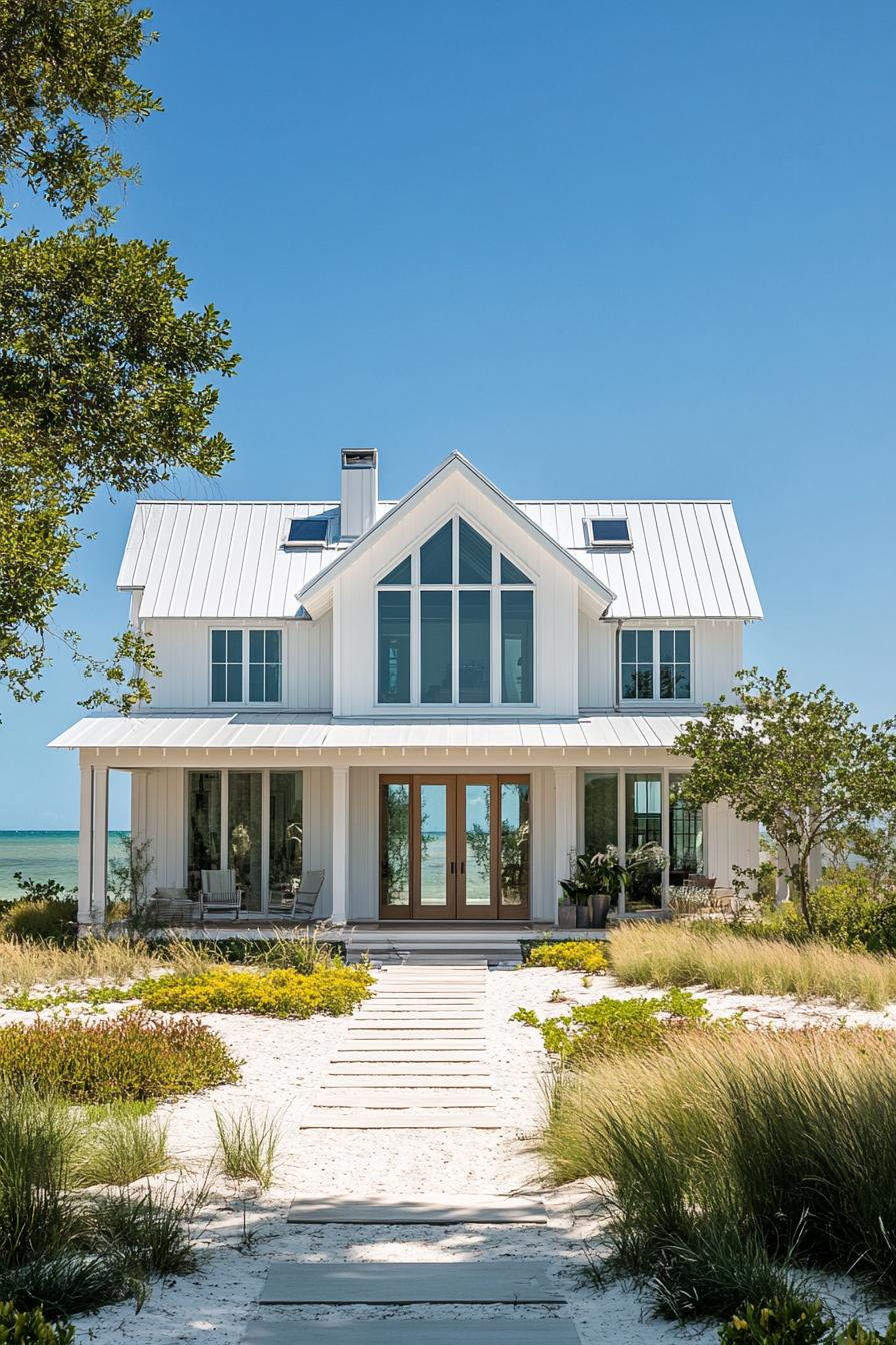 White coastal house with large windows and sandy path