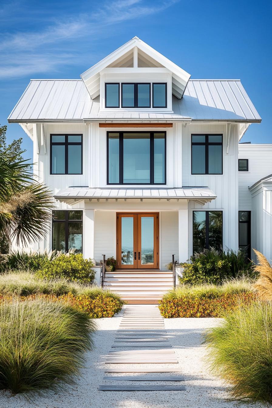 White coastal house with wooden doors and lush gardens