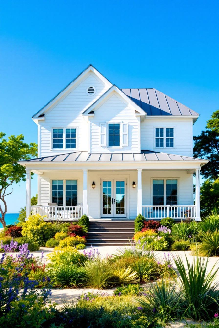 White coastal house with lush garden and blue sky backdrop