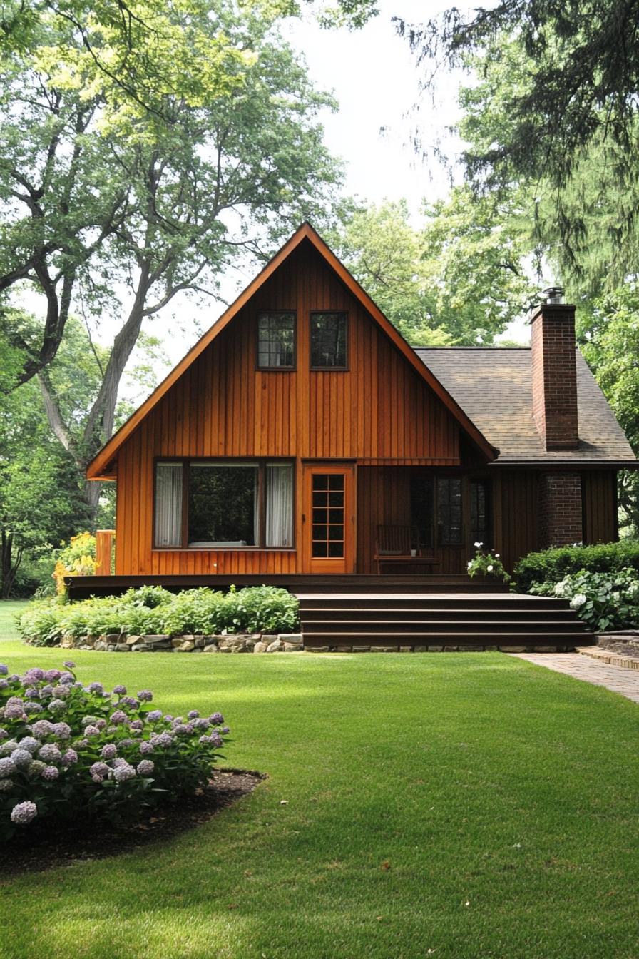 Wooden house nestled among lush greenery