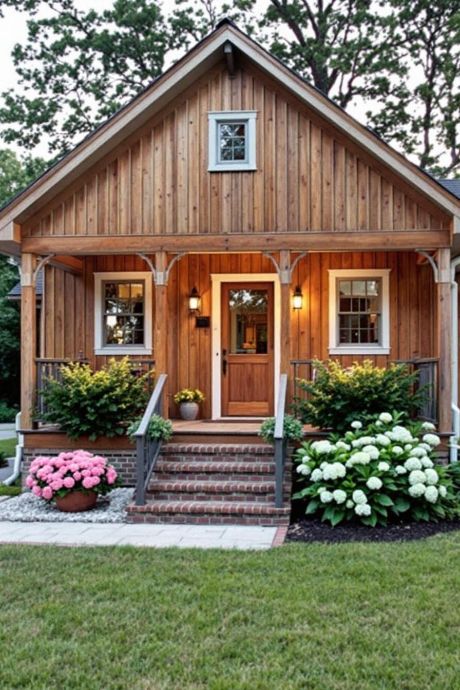 Charming wooden cottage surrounded by flowers