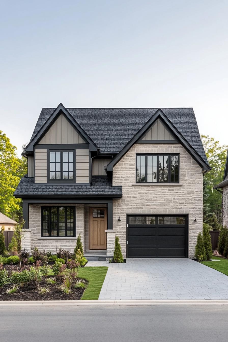 Modern suburban house with stone facade and dark accents