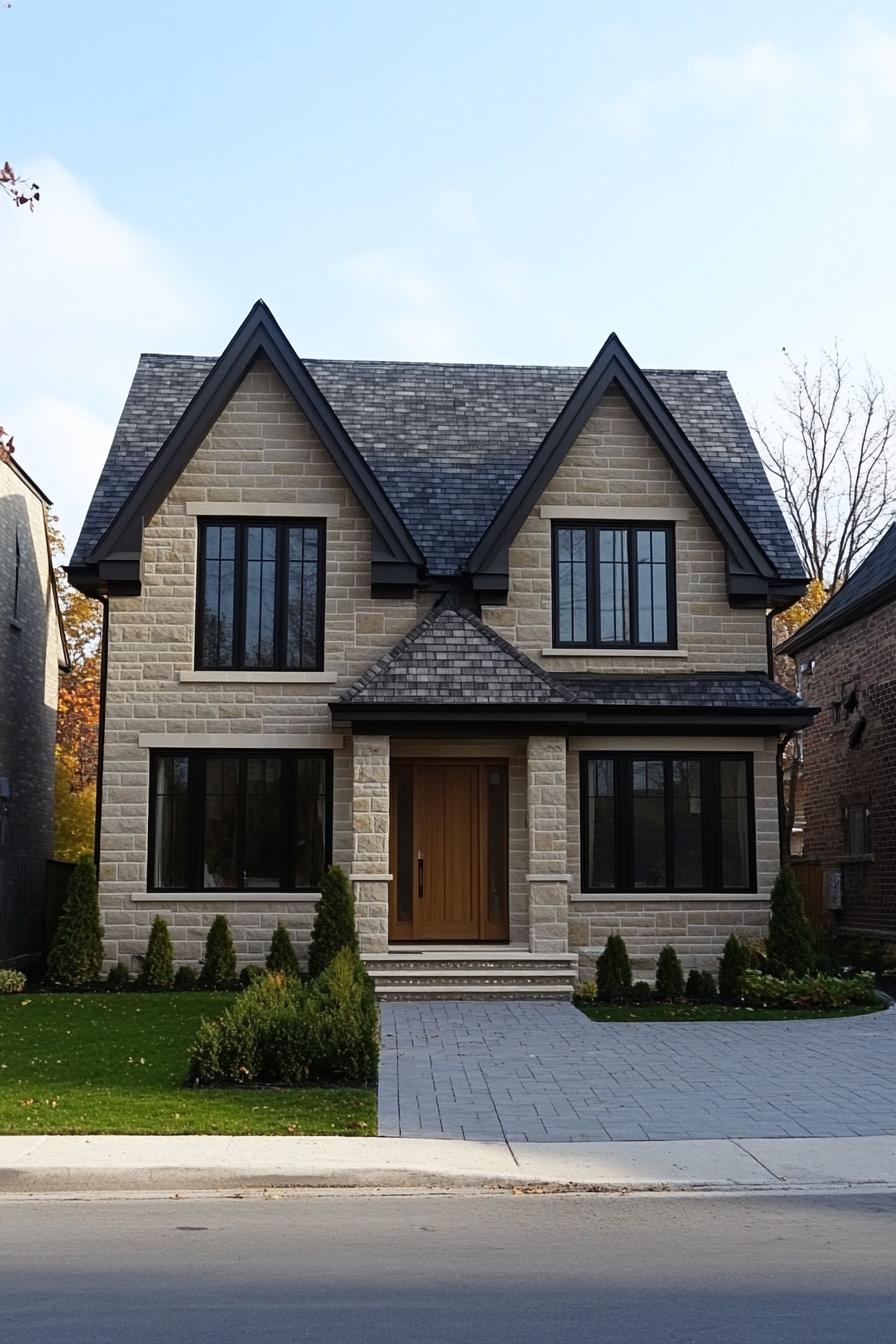 Stone-front house with dual peaked roofs and black-framed windows