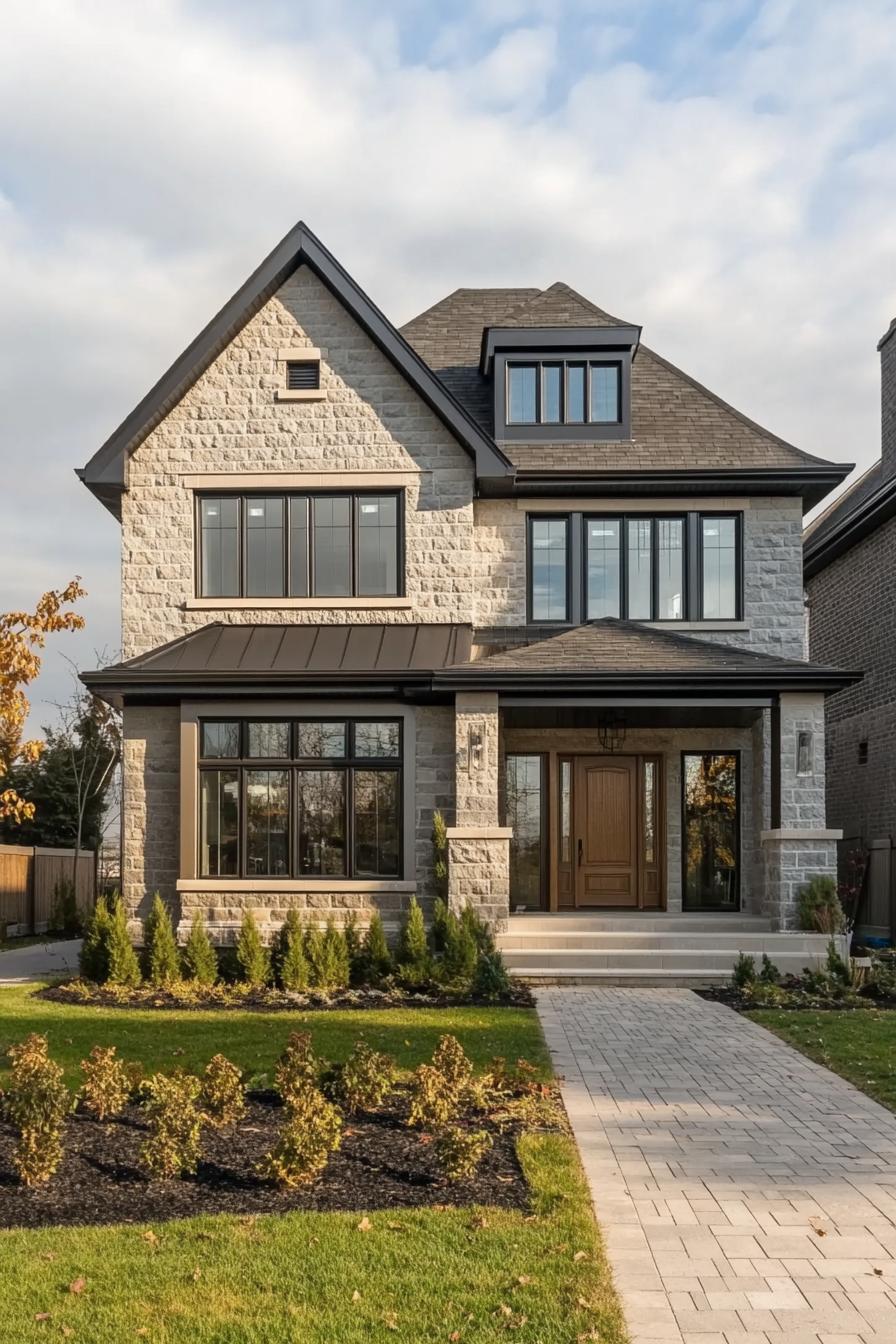 Modern stone house with large windows and a welcoming entrance